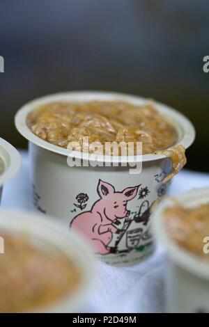 France, Sarthe, Connerre, Claude Segouin, boucherie, préparation des rillettes, l'empotage Banque D'Images