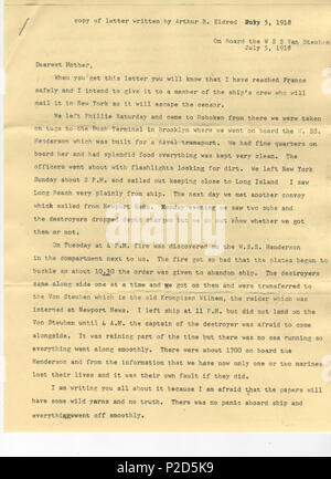 . Anglais : Première page d'une lettre d'Arthur Eldred Rose à sa mère. Lettre écrite en mer durant la Première Guerre mondiale qui a été le premier d'Eldred Eagle Scout dans les Boy Scouts of America. Transcrit le:Eldred Lettre - 1918 A, voir également:auteur:Arthur Eldred Rose . 5 juillet 1918. Arthur Rose 17 Eldred Eldred Lettre1918Apage1 Banque D'Images