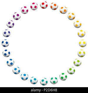 Soccer ball anneau. Cadre rond hors de beaucoup de ballons colorés - illustration sur fond blanc. Banque D'Images