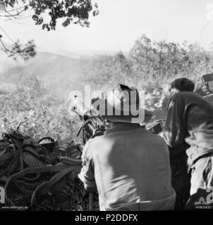 . AWM Légende : la Corée. Octobre 1951. Les mitrailleurs australiens non identifiés par peuplement moyen prêt à donner le feu à l'appui aux partenaires de la Compagnie C, le 3e Bataillon du Royal Australian Regiment (3 RAR), comme ils se déplacent jusqu'à attaquer une colline dans la fumée d'un barrage d'artillerie de la Nouvelle-Zélande. Remarque Les piles de cartouches .303 dépensé et utilisé des munitions des armes à feu au-dessous de la ceinture. c. Octobre 1951. Hobson, Phillip Oliver Hobson 5 mitrailleurs australiens Maryang San Octobre 1951 HOBJ (MN2432) Banque D'Images