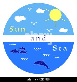 Soleil, les nuages, les oiseaux, les dauphins, la mer, les vagues, les poissons. Modèle de conception, de l'impression. Illustration de Vecteur