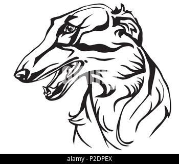 Portrait de profil décoratif en chien lévrier russe, vector illustration en couleur noir isolé sur fond blanc Illustration de Vecteur
