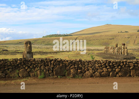 Moai solitaire près de la clôture en pierre et le fameux 15 Moai sur la plate-forme à l'ahu Tongariki, île de Pâques, site archéologique classé au patrimoine mondial de l'UNESCO Banque D'Images