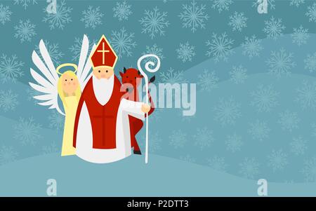 Saint Nicholas avec ange et diable dans Paysage de neige. La tradition européenne. Conçu pour carte de Vœux, carte d'Invitation, annonce ect. Illustration de Vecteur