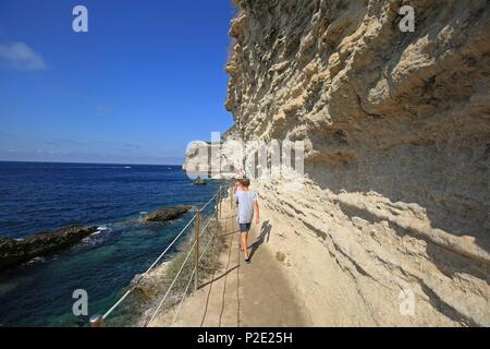 France, Corse du Sud, Bonifacio, l'escalier du roi d'Aragon sculpté dans les falaises de calcaire Banque D'Images