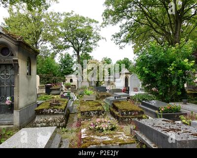 Feuillage d'été, tombes, tombes au cimetière du Père Lachaise, Paris, France. Banque D'Images