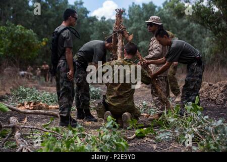 La Marine américaine, un soldat de l'armée australienne, et les soldats de l'Armée populaire de libération de construire un signal lors de l'exercice d'incendie à Kowari Daly River Région, Territoire du Nord, Australie, le 3 septembre 2016. Le but de l'exercice Kowari est d'améliorer les États-Unis, l'Australie, de la Chine et de l'amitié et la confiance, à travers la coopération trilatérale dans le Indo-Asia-région du Pacifique. (U.S. Marine Corps photo par Lance Cpl. Osvaldo L. Ortega III/libérés) Banque D'Images