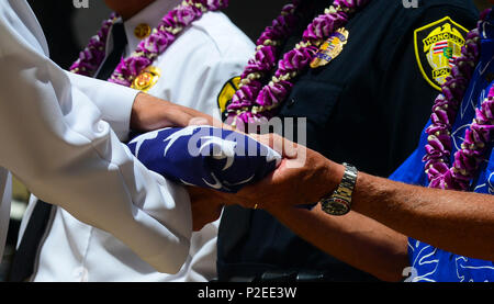 160912-N-GI544-218 HONOLULU (sept. 12, 2016) Le maire d'Honolulu Kirk Caldwell, droite, reçoit un drapeau de membre du Joint Base Harbor-Hickam Pearl Récompenses et Garde de cérémonie lors de la commémoration du 15e anniversaire du 11 septembre au Parc de Tamarin à Honolulu. Les marins se sont joints aux représentants de la police d'Honolulu, le feu et l'EMS les ministères pour rendre hommage aux quelque 3 000 personnes tuées au cours des attaques. (U.S. Photo par marine Spécialiste de la communication de masse 2e classe Laurie Dexter/libérés) Banque D'Images