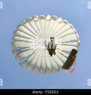 Un parachutiste américain, affecté à la 5e Compagnie de la livraison aérienne Théâtre Quartier-maître, 39e bataillon de transport, 16e Brigade de maintien en puissance, saute de l'un des C-130J Super Hercules dans le bunker zone de chute à l'entraînement de l'Armée du 7e commande Zone d'entraînement Grafenwoehr, Allemagne, 9 septembre 2016. (U.S. Photo de l'armée de l'information visuelle par Gerhard Spécialiste Seuffert) Banque D'Images