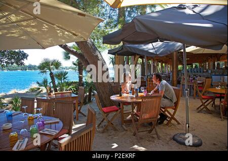 France, Alpes Maritimes, Cannes, Iles de Lérins, l'île Saint Honorat terrasse du restaurant la Tonnelle géré par les moines de l'abbaye de Lérins Banque D'Images