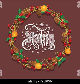 Châssis d'hiver festif avec lettrage. conception des couronnes pour les cartes postales, affiches, autocollants. vector illustration Illustration de Vecteur