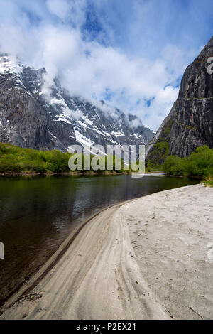 Printemps, Rivière, montagnes, Plage, Forêt, Romsdal, Norvège, Europe Banque D'Images