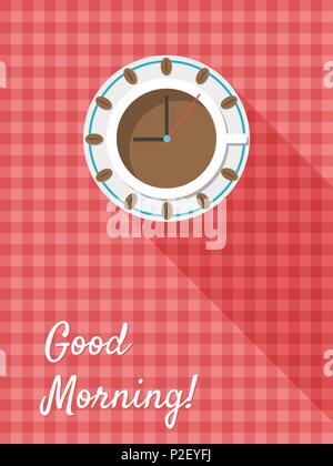 Résumé Carte avec tasse de café en porcelaine, horloge, Long Shadow et Bonjour Text Illustration de Vecteur