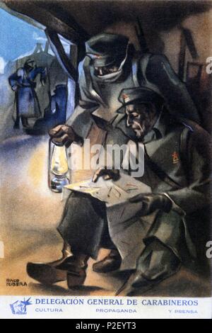 Editado por la Delegación de cartel général de carabiniers. Obra de Paco Ribera. Año 1937. Zona Republicana. Guerra civil 1936-1939. Banque D'Images