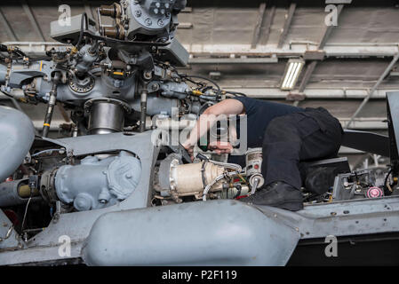 160917-N-WC455-054 Golfe Arabique (sept. 17, 2016) l'Aviation Mécanicien 2e classe structurelle Diego Dominguez, à partir de Miami, effectue une inspection des roulements des commandes de vol sur un MH-60S Sea Hawk affecté à l'hélicoptère de chiens poussiéreux de l'Escadron de Combat de mer (HSC) 7 dans la zone du porte-avions USS Dwight D. Eisenhower (CVN 69) (Ike). Ike et son Groupe aéronaval sont déployés à l'appui de l'opération inhérents à résoudre, les opérations de sécurité maritime et les efforts de coopération en matière de sécurité dans le théâtre dans la 5e flotte américaine zone d'opérations. (U.S. Photo par marine Spécialiste de la communication de masse se Banque D'Images