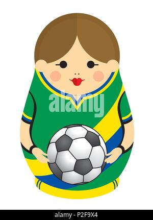 Dessin d'une Matrioshka avec les couleurs du drapeau du Brésil tenant un ballon de football dans ses mains. Poupée russes d'emboîtement en vert, bleu et jaune. Illustration de Vecteur
