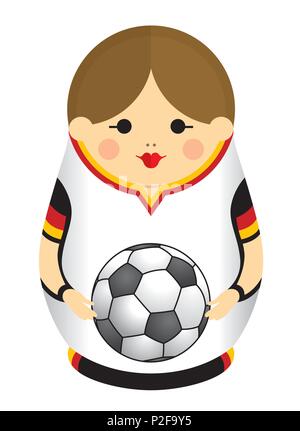 Dessin d'une Matrioshka aux couleurs du drapeau de l'Allemagne tenant un ballon de football dans ses mains. Poupée russes d'emboîtement en noir, rouge et jaune. Illustration de Vecteur