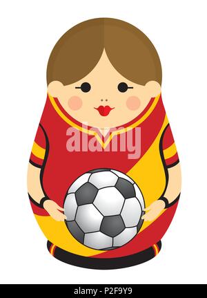Dessin d'une Matrioshka aux couleurs du drapeau de l'Espagne tenant un ballon de football dans ses mains. Poupée russes d'emboîtement en rouge et jaune. Image vectorielle Illustration de Vecteur