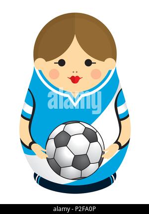 Dessin d'une Matrioshka aux couleurs du drapeau de l'Argentine tenant un ballon de football dans ses mains. Poupée russes d'emboîtement en bleu et blanc. Image vectorielle Illustration de Vecteur