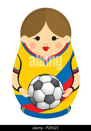 Dessin d'une Matrioshka aux couleurs du drapeau de la Colombie tenant un ballon de football dans ses mains. Poupée russes d'emboîtement en bleu, rouge et jaune. Illustration de Vecteur