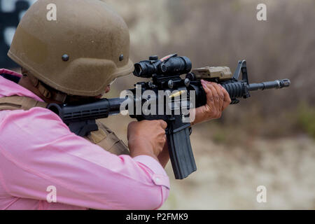 Le Sgt Marin à la retraite. Le major Ramona Cook, maintenant membre du conseil de l'Marines' Memorial Association, a mené des exercices de tir avec un M4A1 Carbine à bord Marine Corps Base Camp Pendleton, en Californie, le 19 septembre 2016. Plusieurs manifestations ont eu lieu à reconnecter les membres de MMA au Marine Corps et les exposer à une formation moderne de jour. (U.S. Marine Corps photo par Lance Cpl. Bradley J. Morrow) Banque D'Images