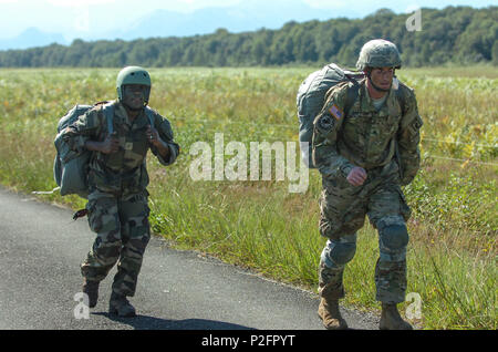 Parachutistes français du 35e Régiment d'artillerie parachutiste, 11e brigade de parachutistes effectuer une opération aéroportée avec des soldats du ciel 54e bataillon du génie de la Brigade et le 4e bataillon du 319e Régiment d'artillerie aéroporté, 173e Brigade aéroportée dans le cadre de l'exercice Colibri à Tarbes, France, le 22 septembre, 2016. Les parachutistes sont sortis d'un C-130 Hercules de la 153e Escadre de transport aérien, de la base de la Garde nationale aérienne de Cheyenne, Wyoming Air National Guard, comme ils participent à la formation multilatérale avec U.S, français, allemand, britannique et les forces espagnoles au soutien de Colibri 16. Environ 15 aviateurs, Banque D'Images