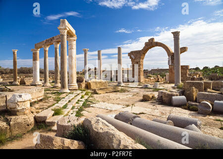 Le marché, Site archéologique de Leptis Magna, Libye, Afrique Banque D'Images