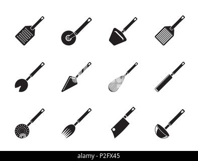 Silhouette différents types d'accessoires de cuisine et l'équipement icônes - vector icon set Illustration de Vecteur