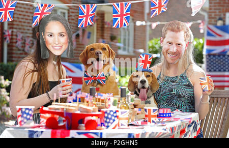 Première partie de la rue en levrette ! Comme le public s'apprête à jeter les parties de rue partout en Grande-Bretagne dans la célébration de ce week-end du mariage royal entre le Prince Harry et actrice Américaine Meghan Markle, aliments pour animaux de compagnie Freshpet américain a jeté un chien bash, en vous assurant le meilleur ami de l'homme n'hésitez pas à profiter des célébrations royal. À l'aide d'oeil-a-aime des chiens de secours bien-aimé de Meghan Guy le Beagle et Bogart, un Labrador-Shepherd cross, plus un invité spécial (Corgi-Dachshund Dorgi un croisement comme appartenant à la Reine), Freshpet britanniques/américaines a tenu une fête de rue à thème dans un residentia Banque D'Images