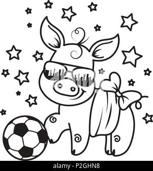 Cute cartoon pig avec un ballon de football. Vector illustration. Coloriage Illustration de Vecteur