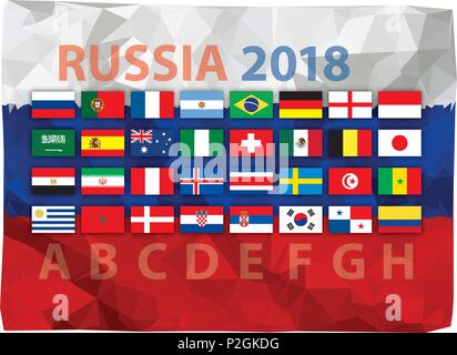 Moscou, Russie, juin-juillet 2018 - La Russie et la Coupe du Monde 2018 Drapeau russe, d'un drapeau de l'ensemble des équipes et des groupes finalistes Illustration de Vecteur