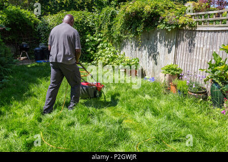 Un homme noir de la tonte de l'herbe haute à l'arrière-cour jardin pelouse à la maison Banque D'Images