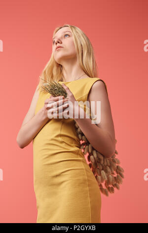 Jolie jeune femme avec bouquet de Lagurus looking up isolé sur red Banque D'Images