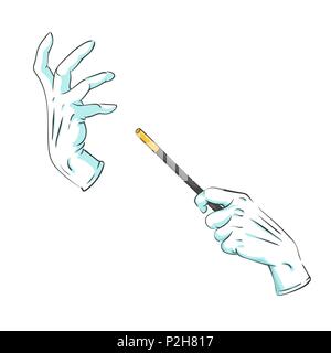 Vector illustration de magicien les mains dans les gants avec une baguette magique d'effectuer un focus, isolated on white with copy space Illustration de Vecteur