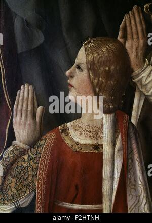 'La Vierge des Rois Catholiques" (détail), 1491-1493, Panel, P01260. Auteur : Maestro de la Virgen de los Reyes Católicos (Xvème siècle). Emplacement : Museo del Prado-PINTURA, MADRID, ESPAGNE. Banque D'Images