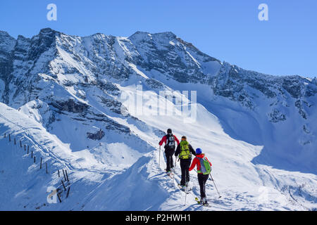 Trois personnes ski de croissant sur la crête de neige, Alpes de Zillertal en arrière-plan, Gammerspitze, vallée de Ziller, Schmirn Banque D'Images