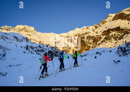 Trois personnes ski vers Schneespitze Schneespitze, croissant, vallée de Pflersch, Alpes de Stubai, le Tyrol du Sud, il Banque D'Images