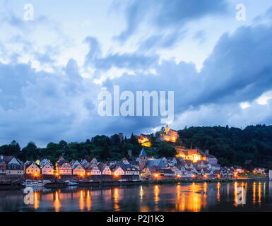 Vieille ville avec château au crépuscule, Hirschhorn Hirschhorn sur la rivière Neckar, Hesse, Allemagne Banque D'Images