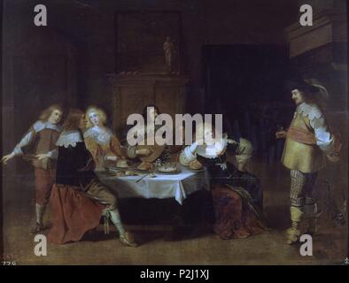 'Banquet des courtisans et soldats", 17e siècle, huile sur panneau, 47 x 63 cm, P01555. Auteur : Christoffel Jacobsz. van der Laemen (1606-1651). Emplacement : Museo del Prado-PINTURA, MADRID, ESPAGNE. Banque D'Images