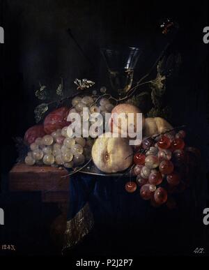 "Coupe de fruits", 17e siècle, huile sur panneau, 49 x 40 cm, P02072. Auteur : Alexander Coosemans (1627-1689). Emplacement : Museo del Prado-PINTURA, MADRID, ESPAGNE. Banque D'Images