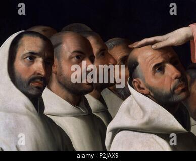 École d'espagnol. Madonna des grottes : Détail d'un Chartreux avec Madonna's main sur lui . Virgen de las Cuevas. Séville, musée des Beaux-Arts. Auteur : Francisco de Zurbaran (ch. 1598-1664). Emplacement : MUSEO DE BELLAS ARTES-CONVENTO DE LA MERCED CALZAD, Sevilla, Séville, ESPAGNE. Banque D'Images