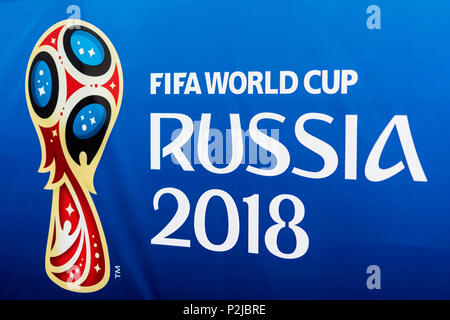 Moscou, Russie - 14 juin, 2018 emblème officiel, le logo de la Coupe du monde 2018 FIFA 2018, FIFA Fan Fest Banque D'Images