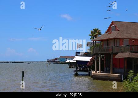 Maisons en bord de mer dans la région de Galveston, Texas, la Côte du Golfe, États-Unis d'Amérique. Les pélicans volent en formation, paysage maritime avec drapeau pirate. Banque D'Images
