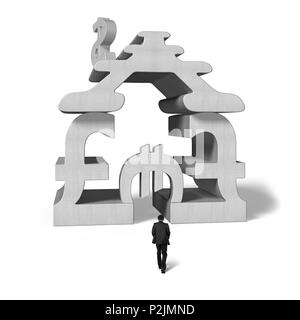 Marcher vers le symbole de l'argent en béton construction d'empilage isolé en fond blanc Banque D'Images