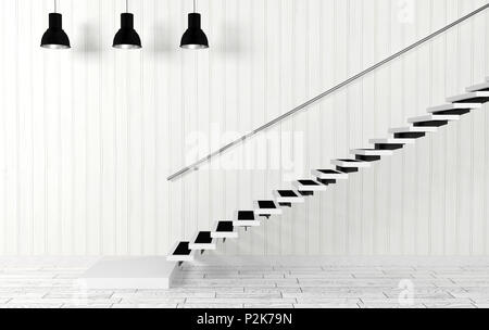 Chambre blanche avec escalier intérieur et lampes de plafond dans un style minimaliste et moderne, 3D Rendering Banque D'Images
