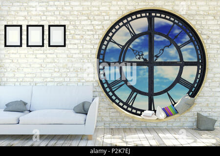 Chambre blanche intérieur à la décoration minimaliste avec une horloge ronde en métal blanc et fauteuil, 3D Rendering Banque D'Images