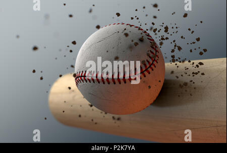 Un gros plan extrême action slow motion capture d'une balle de baseball frappant un bâton de bois avec des particules de terre provenant d'un contexte isolé sombre - 3 Banque D'Images