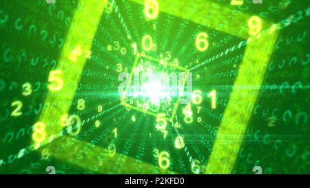 Une flambée de rendu 3d chiffres jaune se déplaçant dans un tube carré placé au plasma avec aslant et rayures de cercles lumineux et tr Banque D'Images