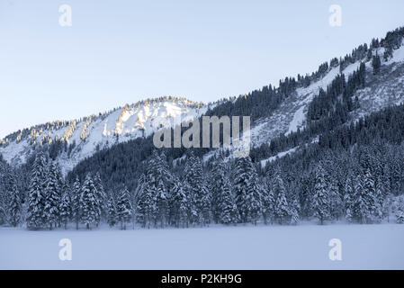 Snowcovered Winterly paysage dans la vallée de Kleinwalser juste avant le coucher du soleil dans le Vorarlberg, Tyrol, Autriche Banque D'Images