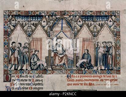 École d'espagnol. Les Cantigas de Santa Maria (manuscrit avec musique) Notes : Le roi Alphonse X et les traducteurs de Tolède. 13e siècle. Cantique n°1, folio 5. Madrid, bibliothèque de l'Escurial. Auteur : Alfonso X le Sage de Castille (1221-1284). Emplacement : MONASTERIO-BIBLIOTECA-COLECCION, San Lorenzo del Escorial, Madrid, Espagne. Banque D'Images